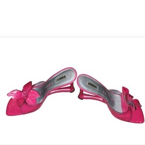 Hot PInk Leather Flower Embellished Slide Heels Sandals Summer Shoes  Size 7.5